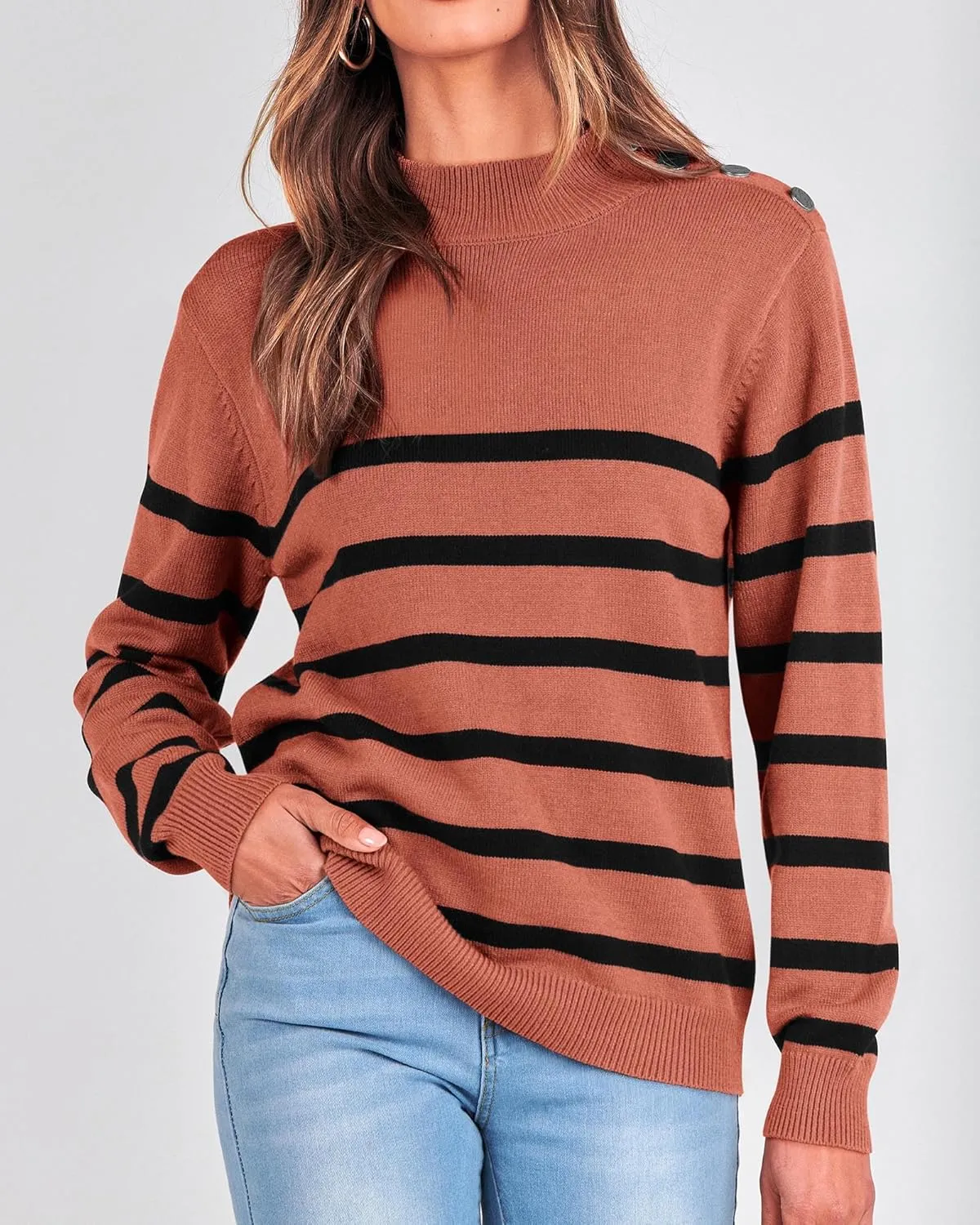 KIRUNDO Women's 2025 Fall Winter Long Sleeve Knit Sweater Turtleneck Striped Loose Pullover Tops Deco with Metal Buttons