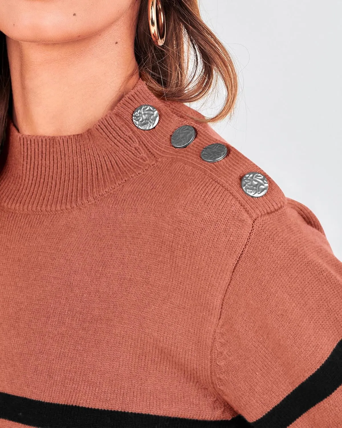 KIRUNDO Women's 2025 Fall Winter Long Sleeve Knit Sweater Turtleneck Striped Loose Pullover Tops Deco with Metal Buttons