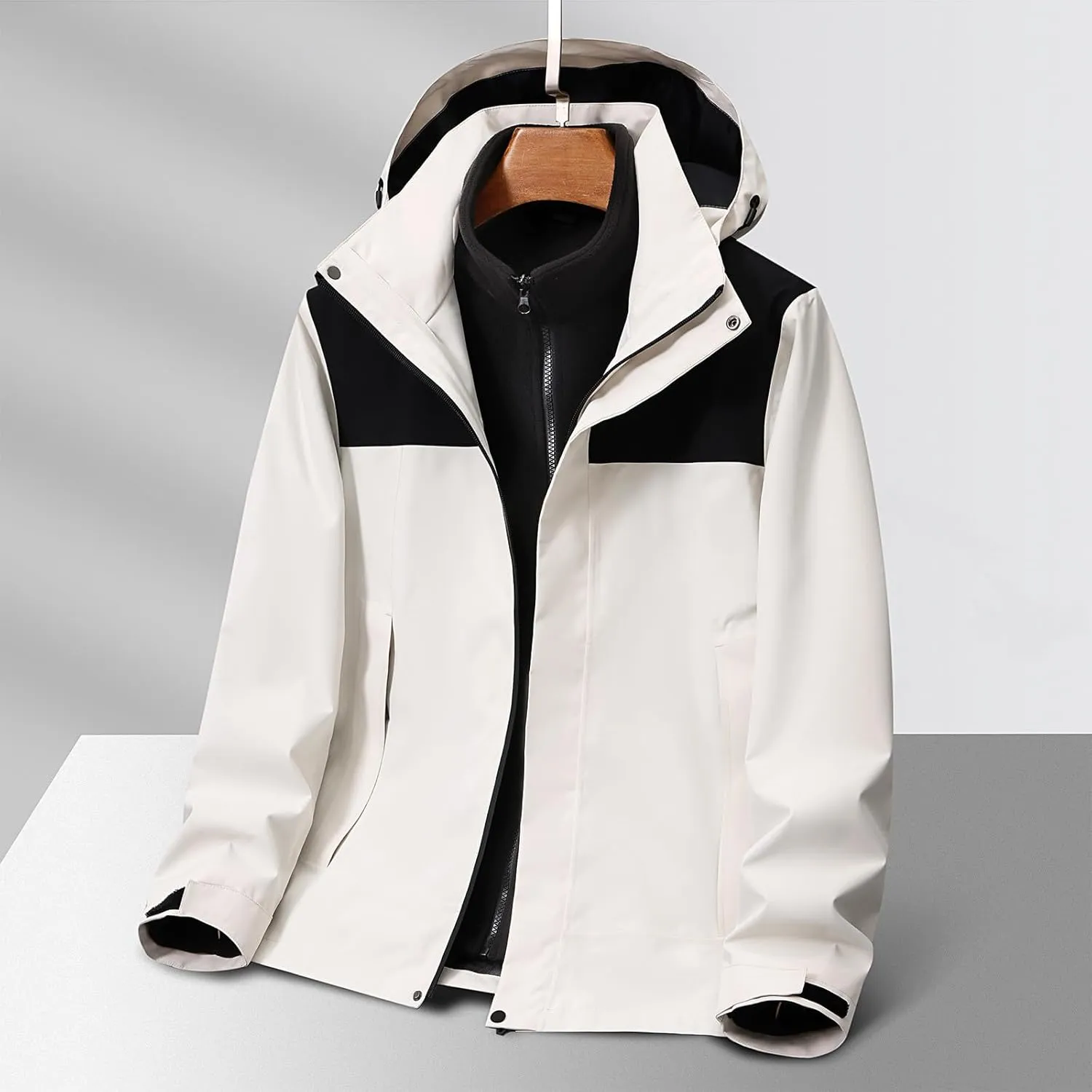 Lightweight Rain Jacket Men Full-Zip Winter Jacket Waterproof Hooded Fleece Athletic Jacket, Outdoor Windproof Jacket
