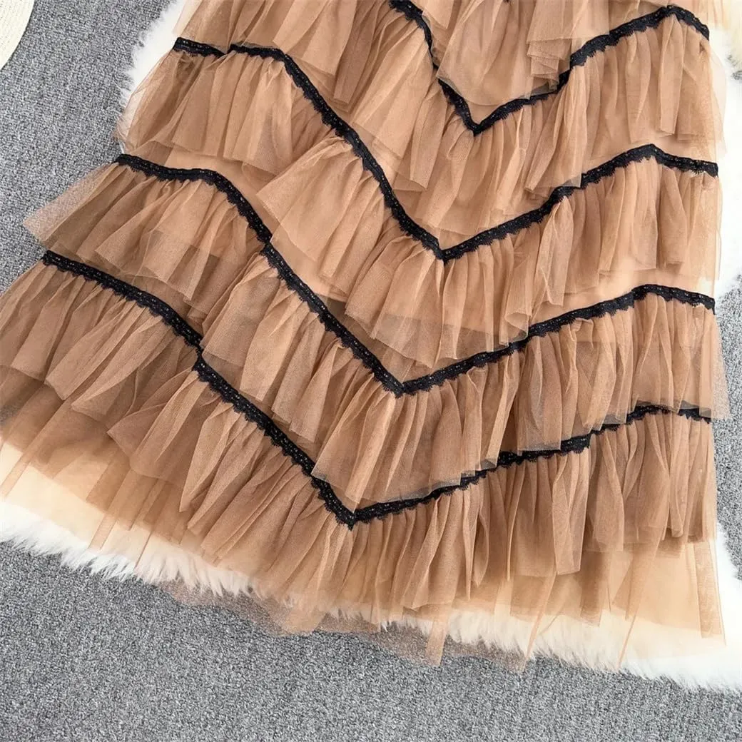 Maxi Tutu Tulle Skirt for Women Spring Summer Ruffles Tiered Mesh A Line High Waist Long Skirt Female