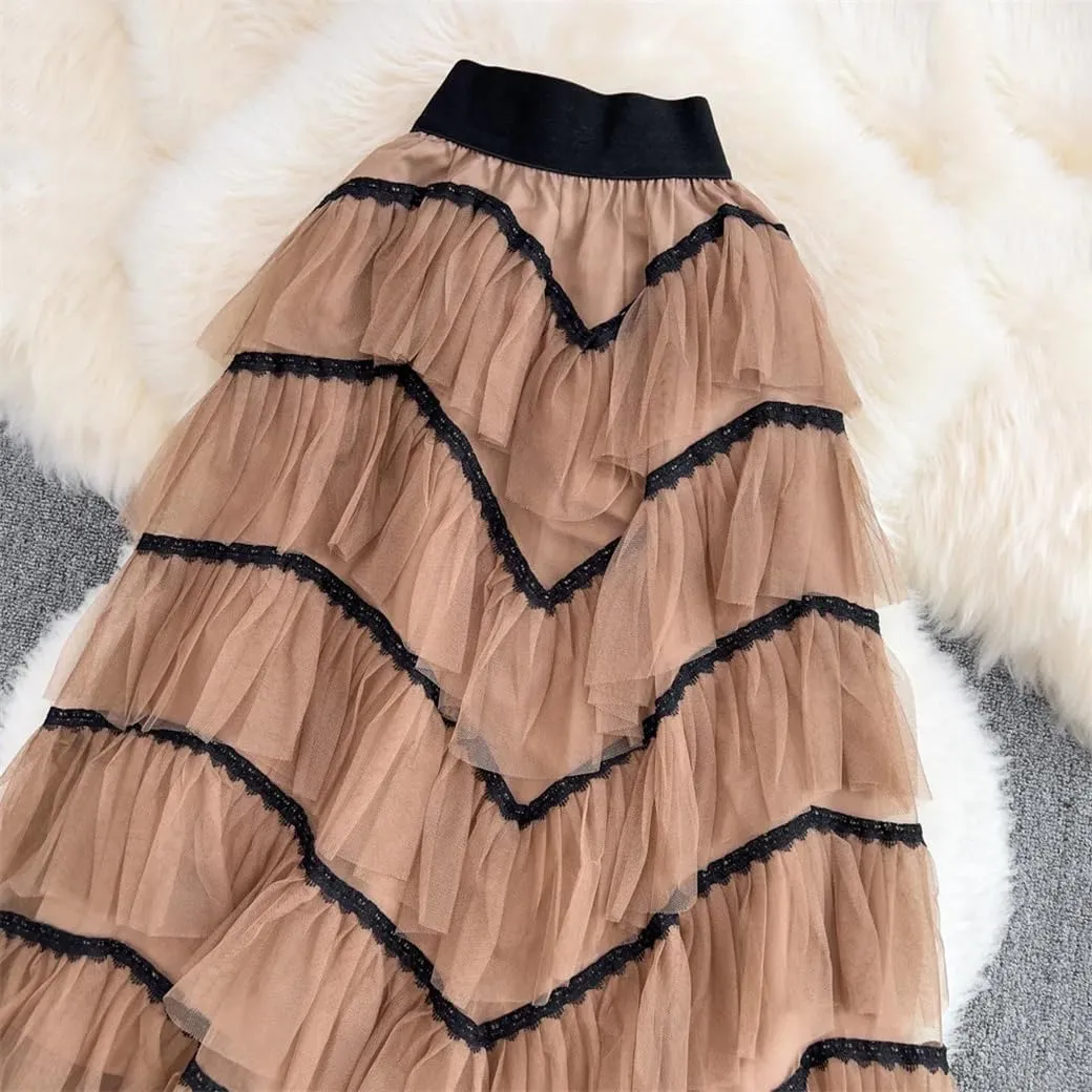 Maxi Tutu Tulle Skirt for Women Spring Summer Ruffles Tiered Mesh A Line High Waist Long Skirt Female