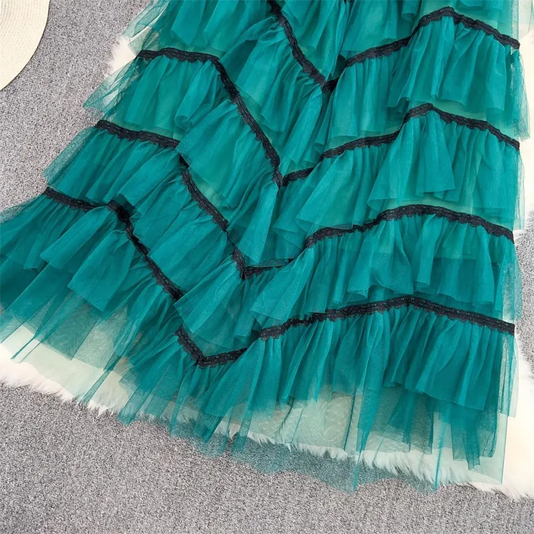 Maxi Tutu Tulle Skirt for Women Spring Summer Ruffles Tiered Mesh A Line High Waist Long Skirt Female