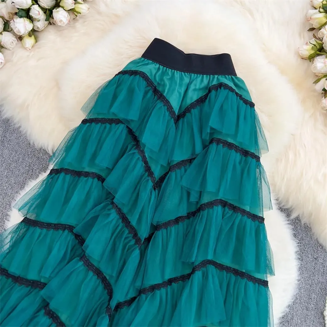 Maxi Tutu Tulle Skirt for Women Spring Summer Ruffles Tiered Mesh A Line High Waist Long Skirt Female