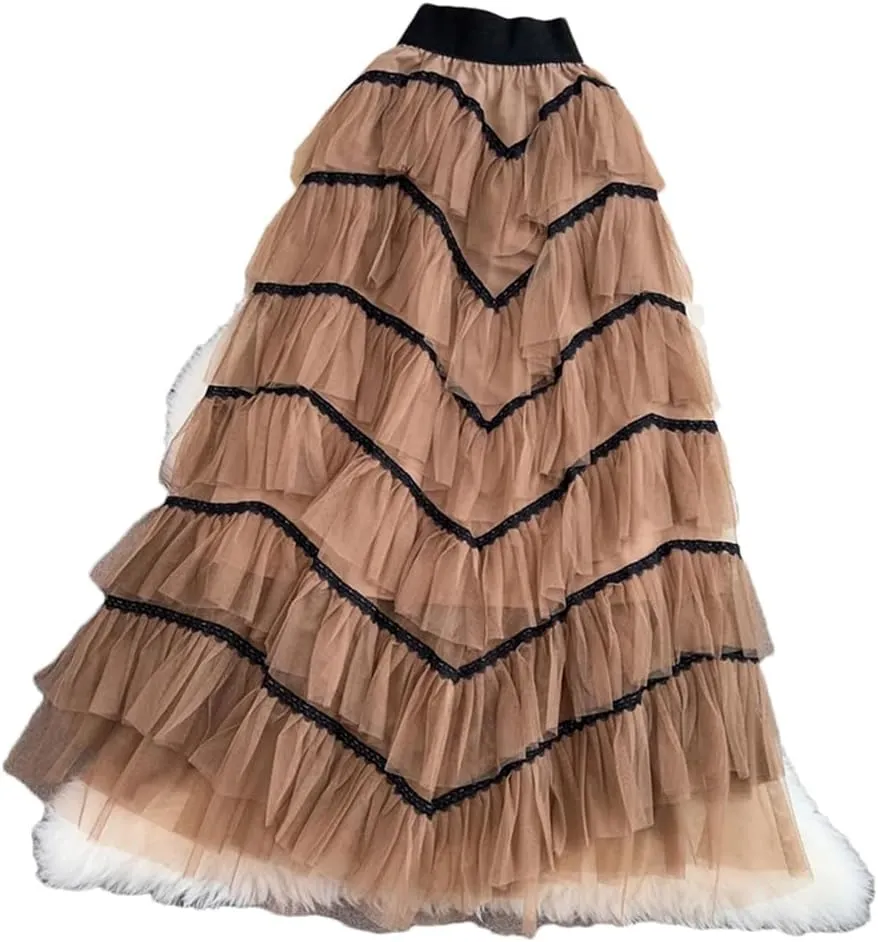 Maxi Tutu Tulle Skirt for Women Spring Summer Ruffles Tiered Mesh A Line High Waist Long Skirt Female