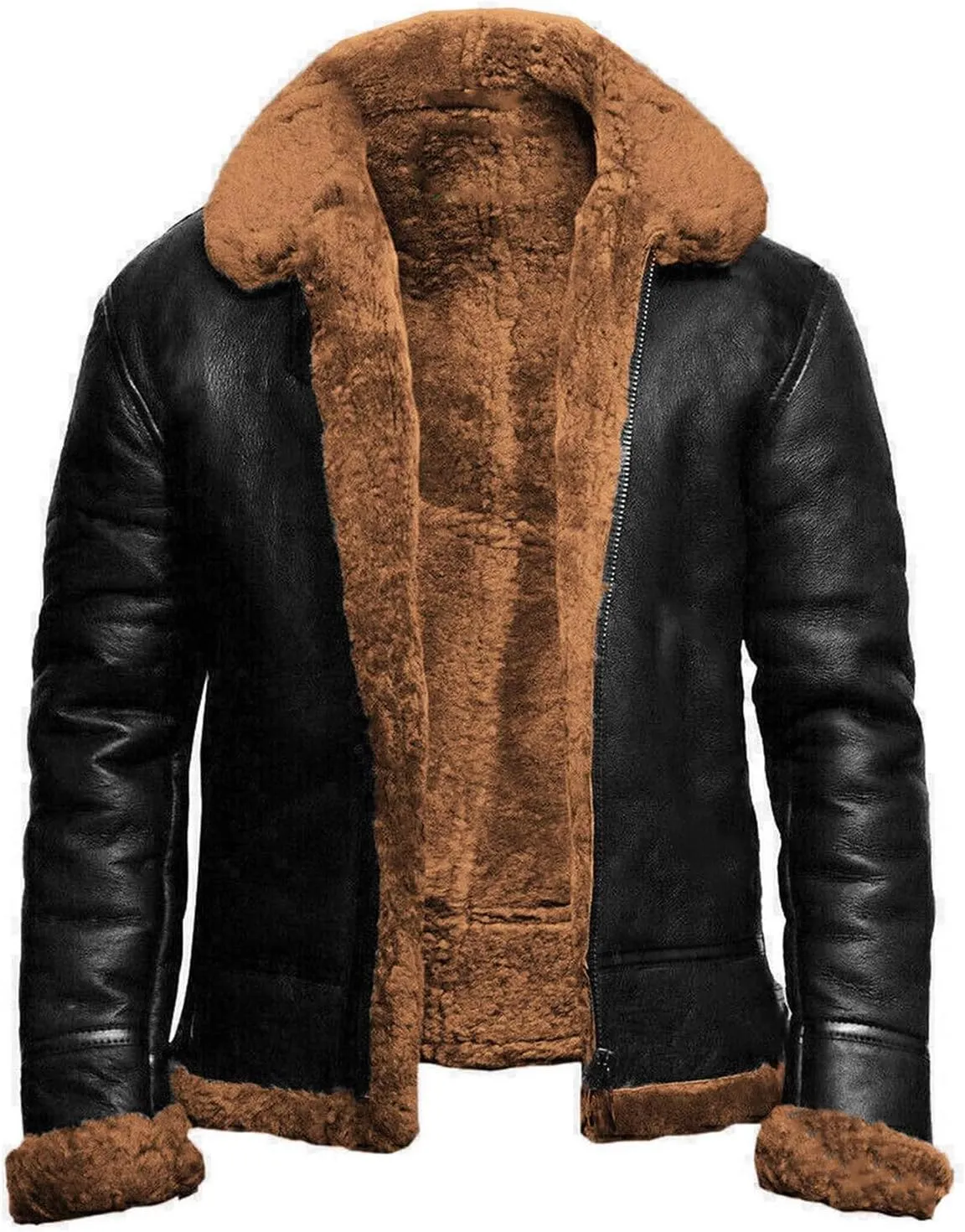Men Faux Leather Jacket Sherpa Fleece Lined Trucker Jackets Fur Collar Trench Coat Warm Big and Tall Outwear