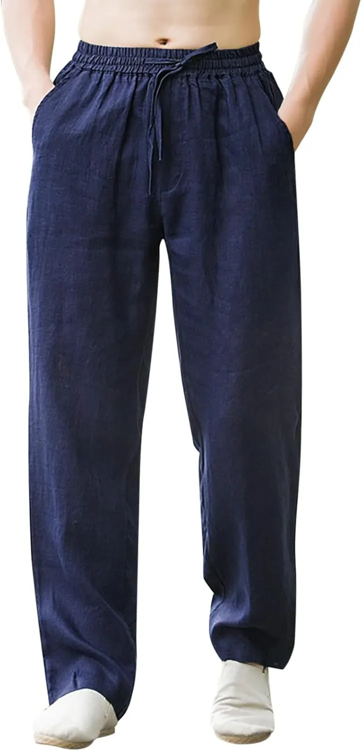 Men's Linen Pants Casual Drawstring Waist Breathable Lightweight Linen Pants Baggy Straight-Legs Trouser with Pockets