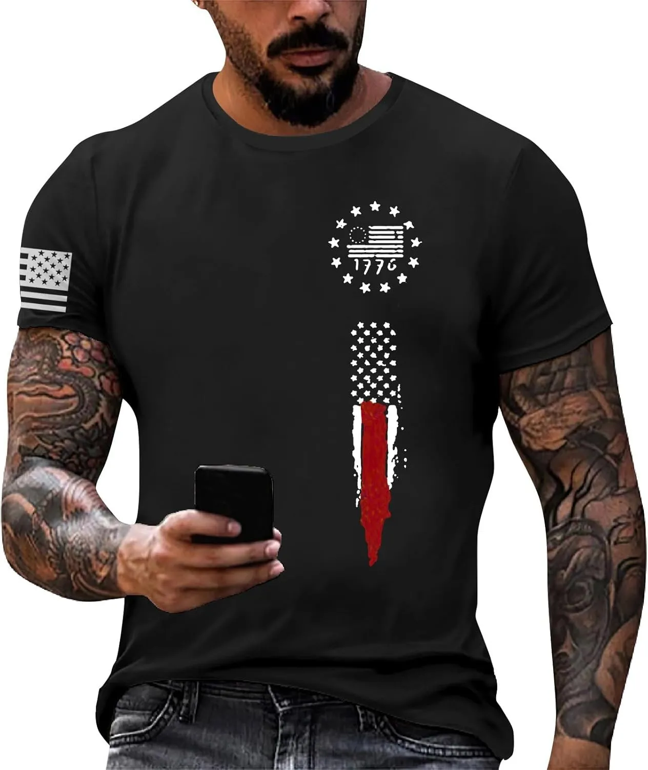 Men's Shirt Sleeve 1776 USA Flag Graphic Dry Fit Cotton Breathable T-Shirts American Shirts