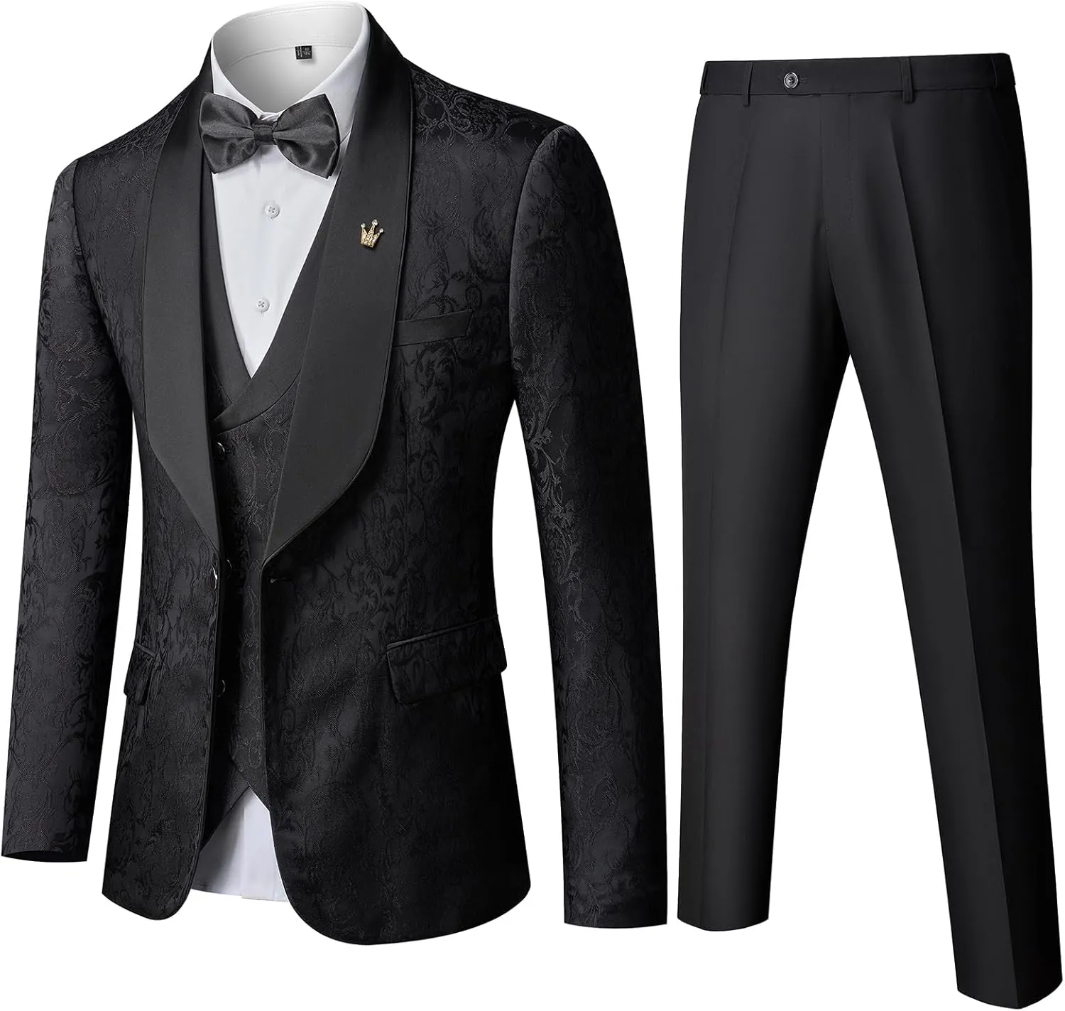 MY'S Men's Floral Suit, 3 Piece Slim Fit Paisley Tuxedo, Jacket Pants Vest with Bow Tie for Wedding Prom Dinner