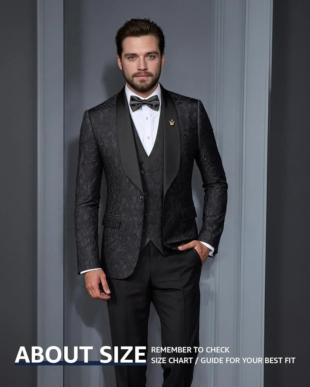 MY'S Men's Floral Suit, 3 Piece Slim Fit Paisley Tuxedo, Jacket Pants Vest with Bow Tie for Wedding Prom Dinner