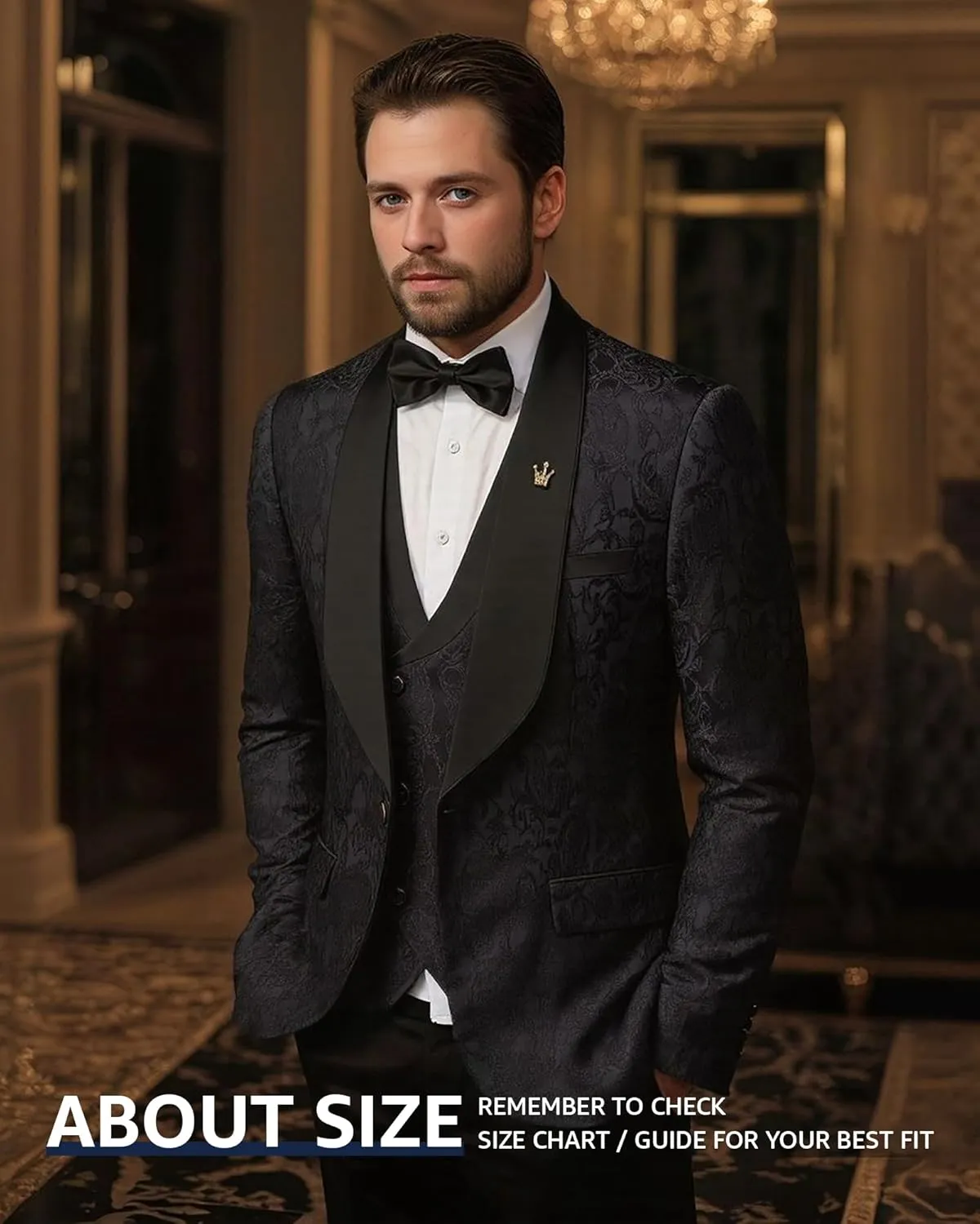 MY'S Men's Floral Suit, 3 Piece Slim Fit Paisley Tuxedo, Jacket Pants Vest with Bow Tie for Wedding Prom Dinner