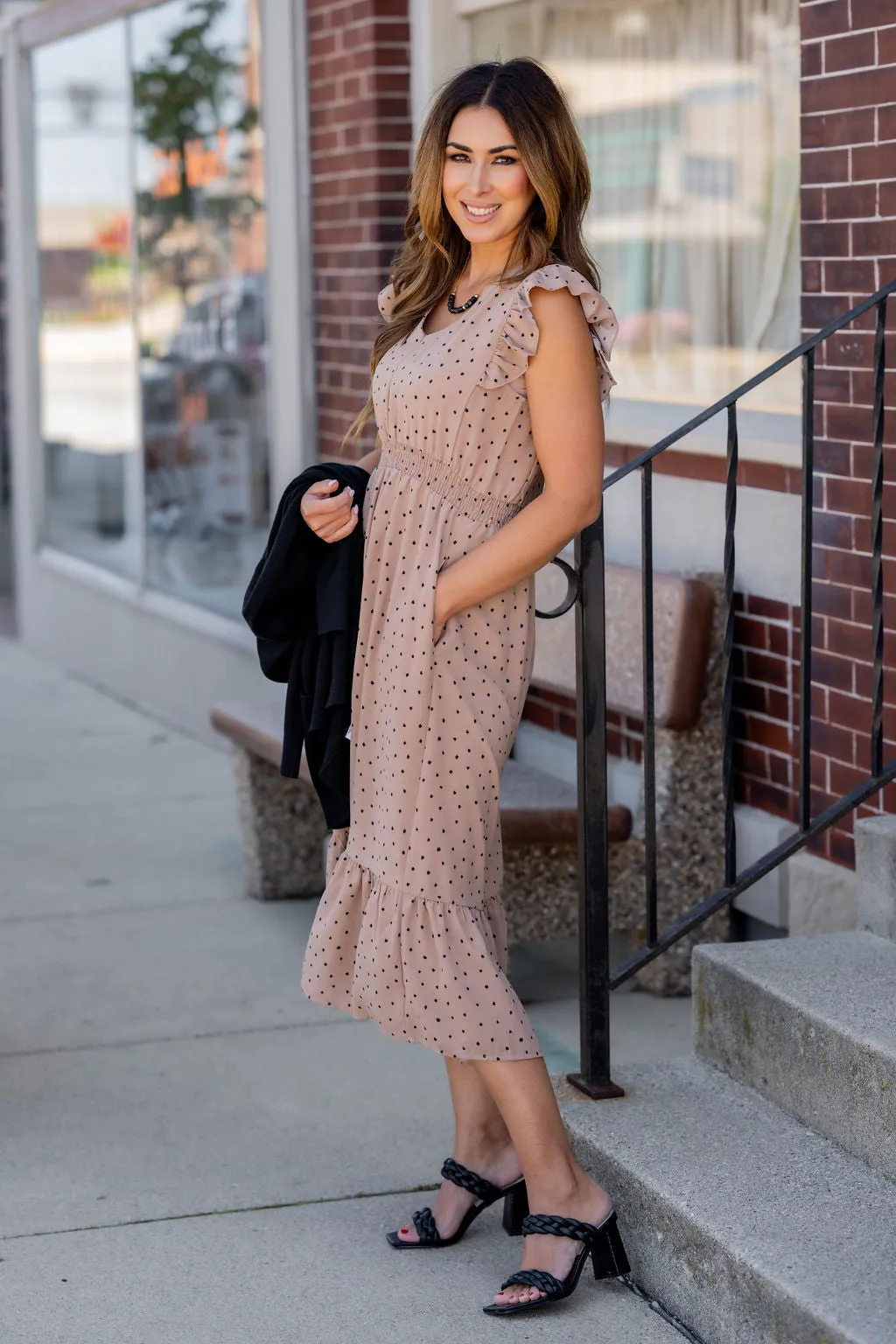 Polka Dottie Ruffle Trim Midi Dress