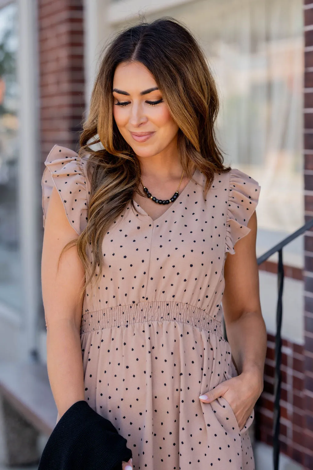 Polka Dottie Ruffle Trim Midi Dress