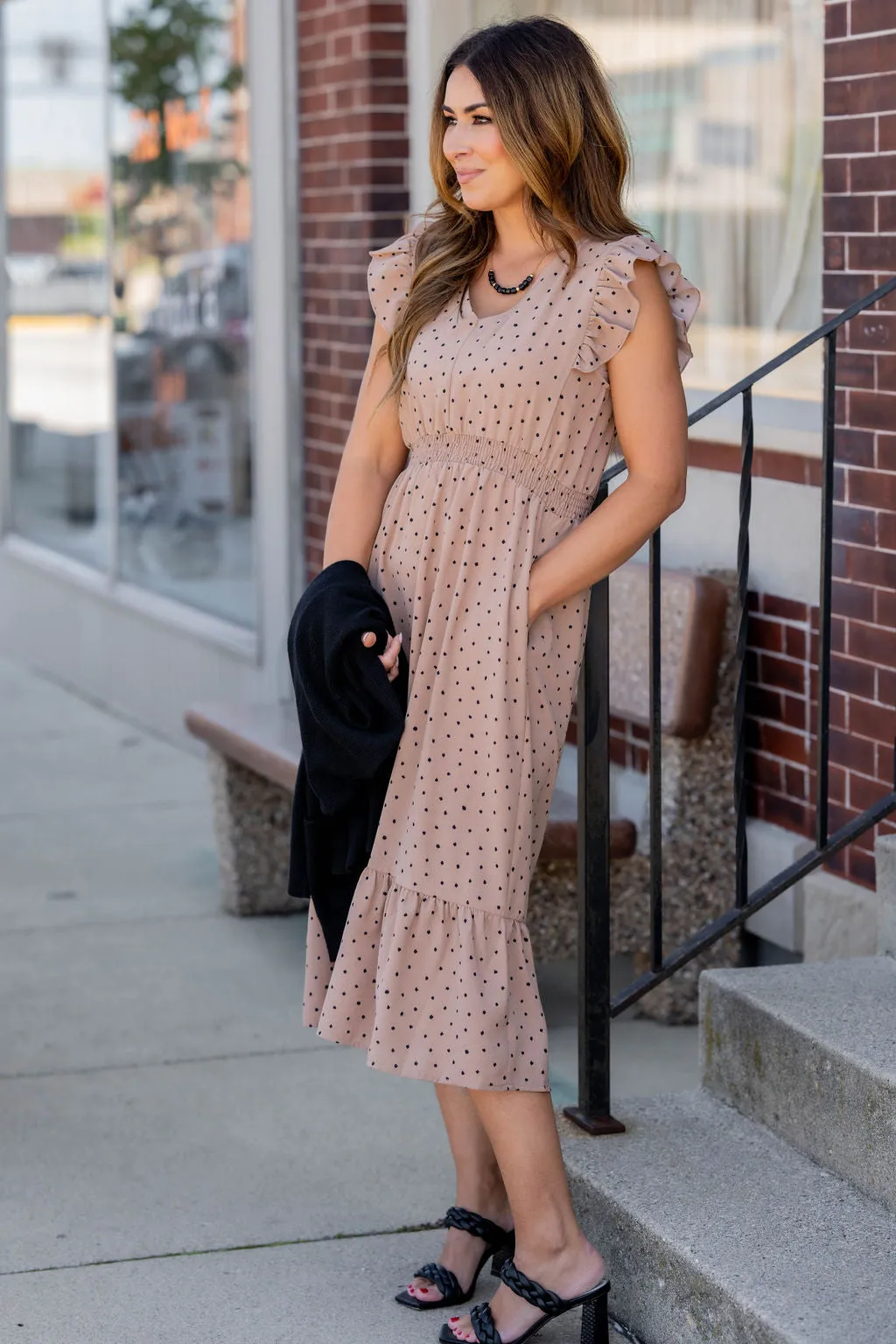 Polka Dottie Ruffle Trim Midi Dress