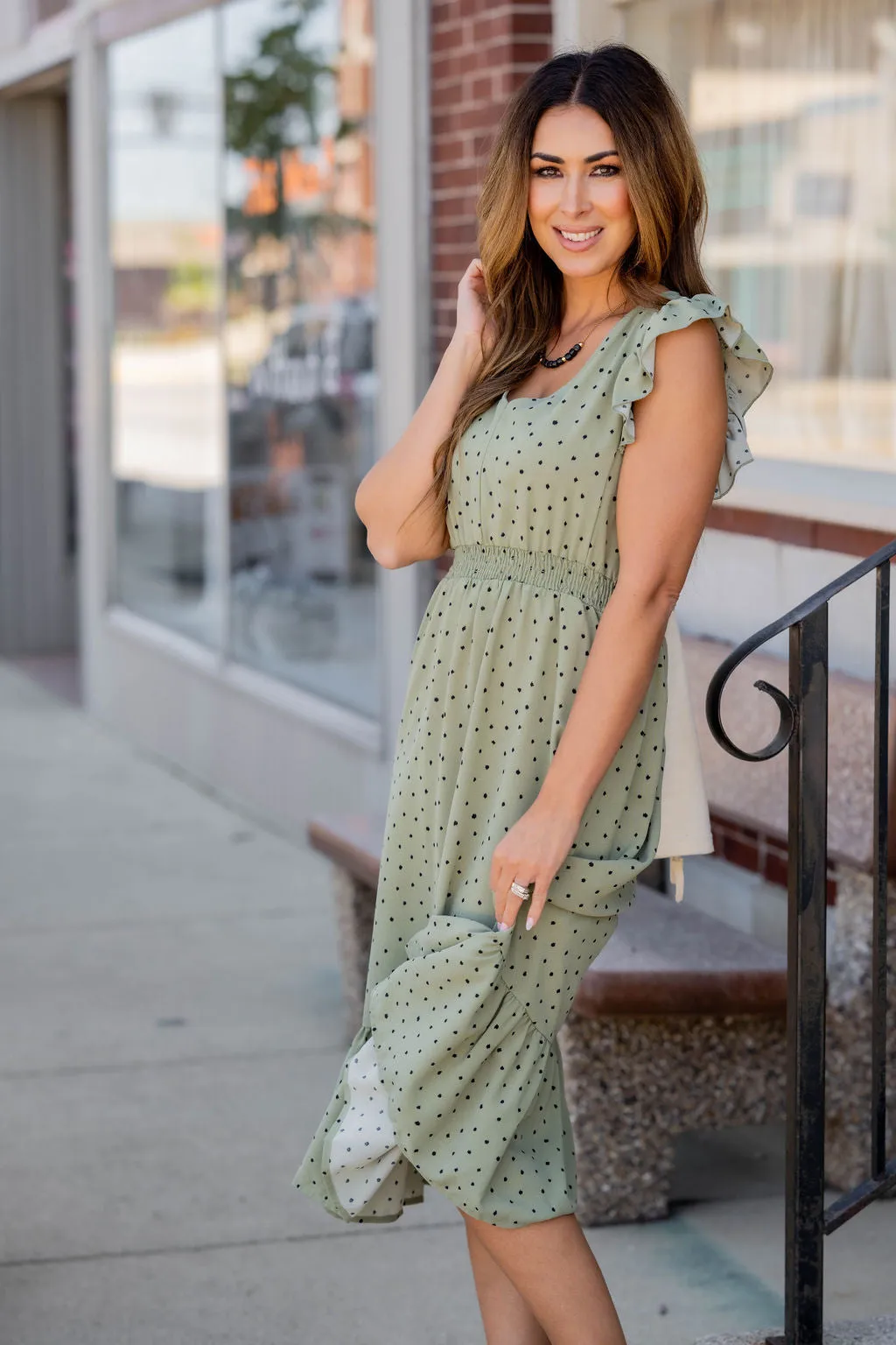 Polka Dottie Ruffle Trim Midi Dress