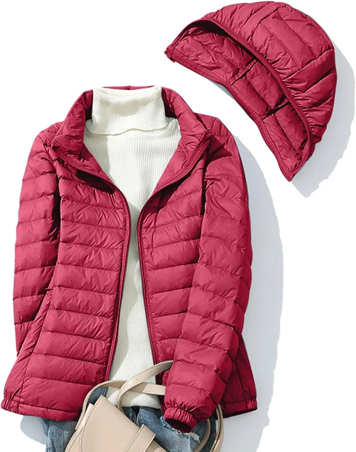 Quilted Jacket Womens With Detachable Hood 2024 Ultra Light Weight Zipper Long Sleeve Down Coat Winter Puffer Jackets