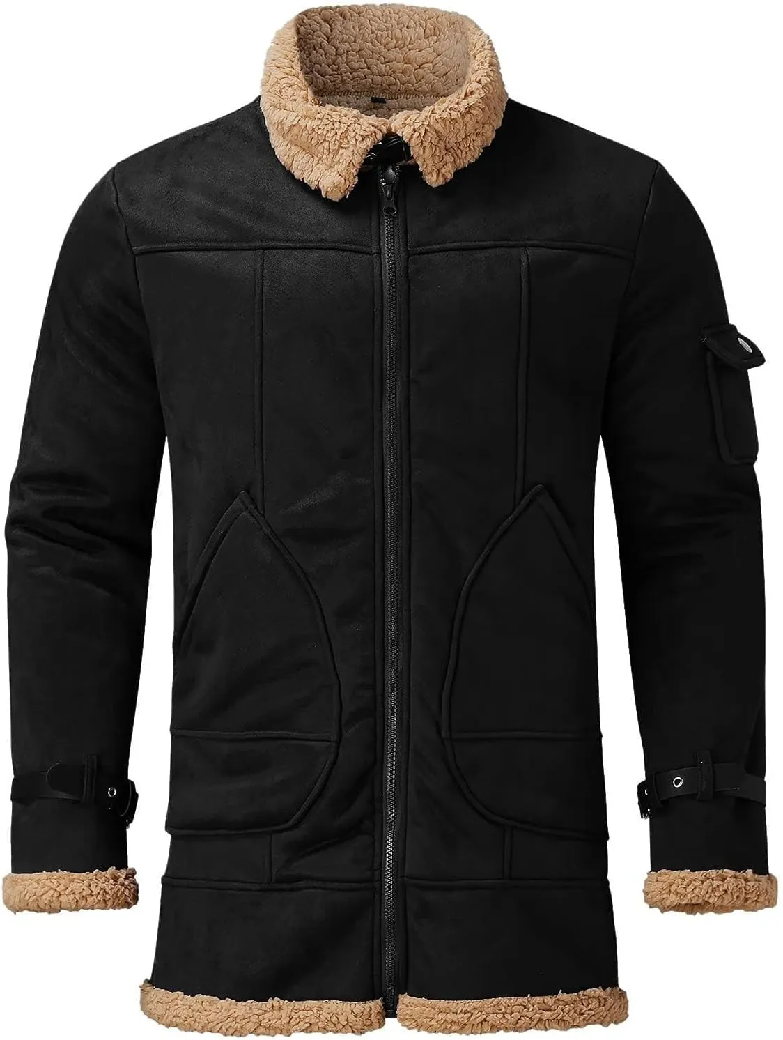 Sherpa Lined Faux Leather Jacket Men Fleece Lined Coat Aviator Shearling Sheepskin Fur Collar Winter Jacket