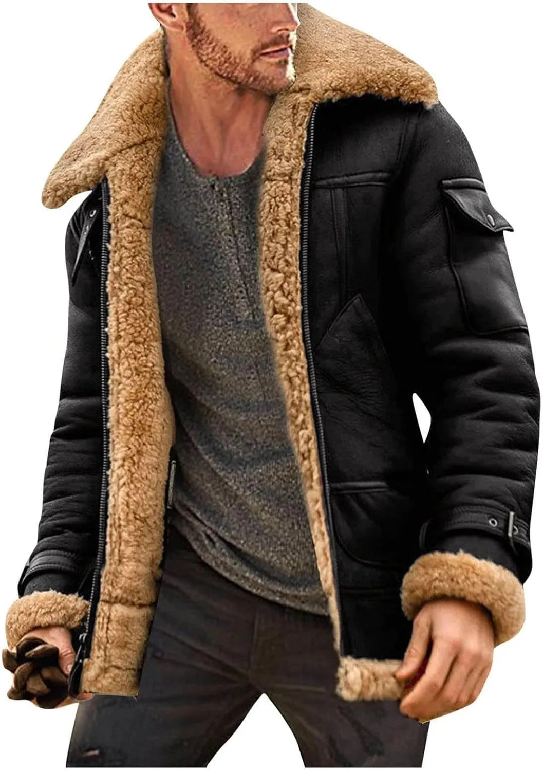 Sherpa Lined Faux Leather Jacket Men Fleece Lined Coat Aviator Shearling Sheepskin Fur Collar Winter Jacket