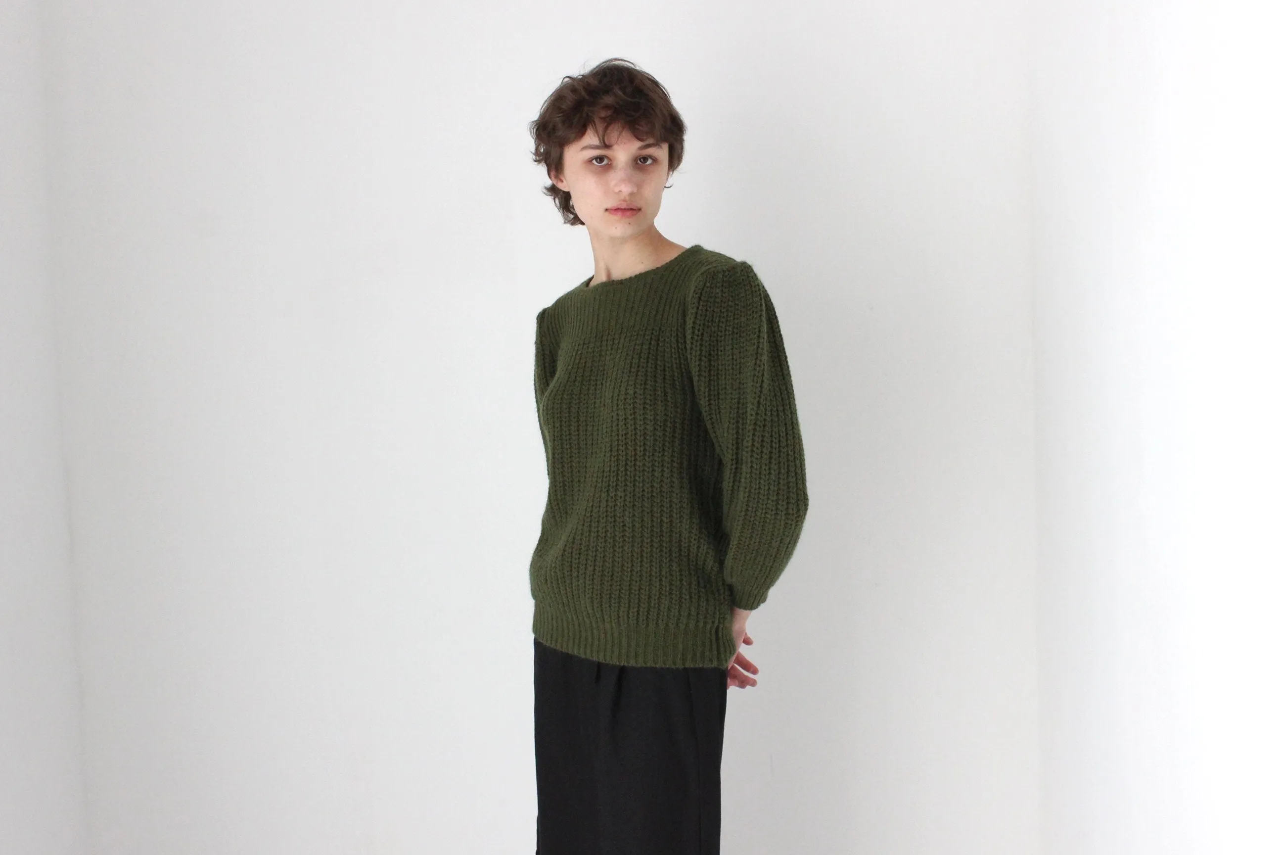 Soft 80s Puff Shoulder Knit Sweater in Khaki