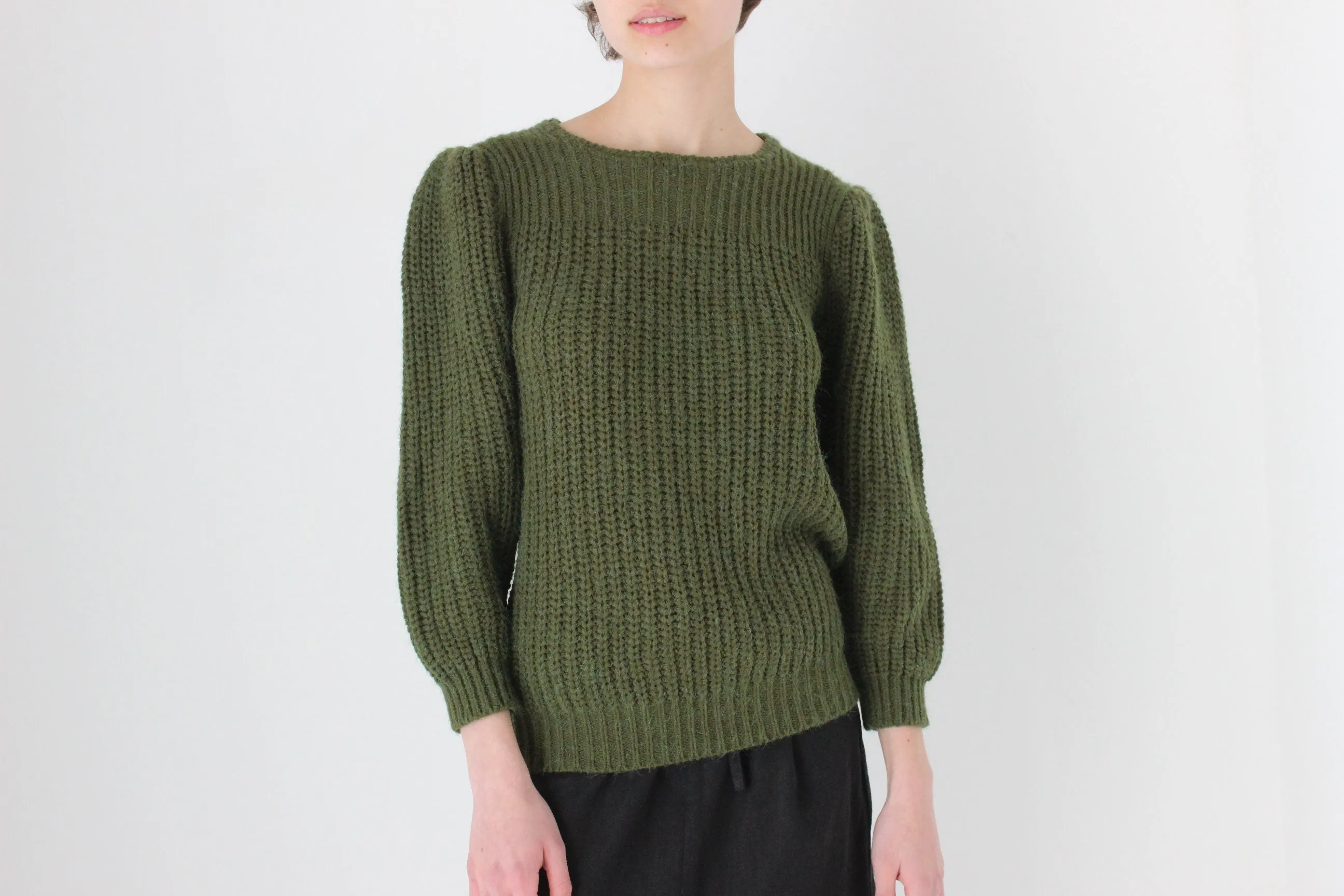 Soft 80s Puff Shoulder Knit Sweater in Khaki