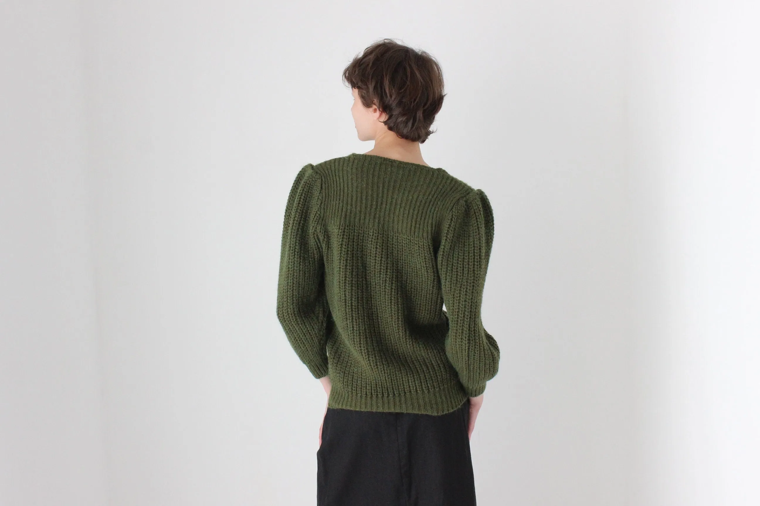Soft 80s Puff Shoulder Knit Sweater in Khaki