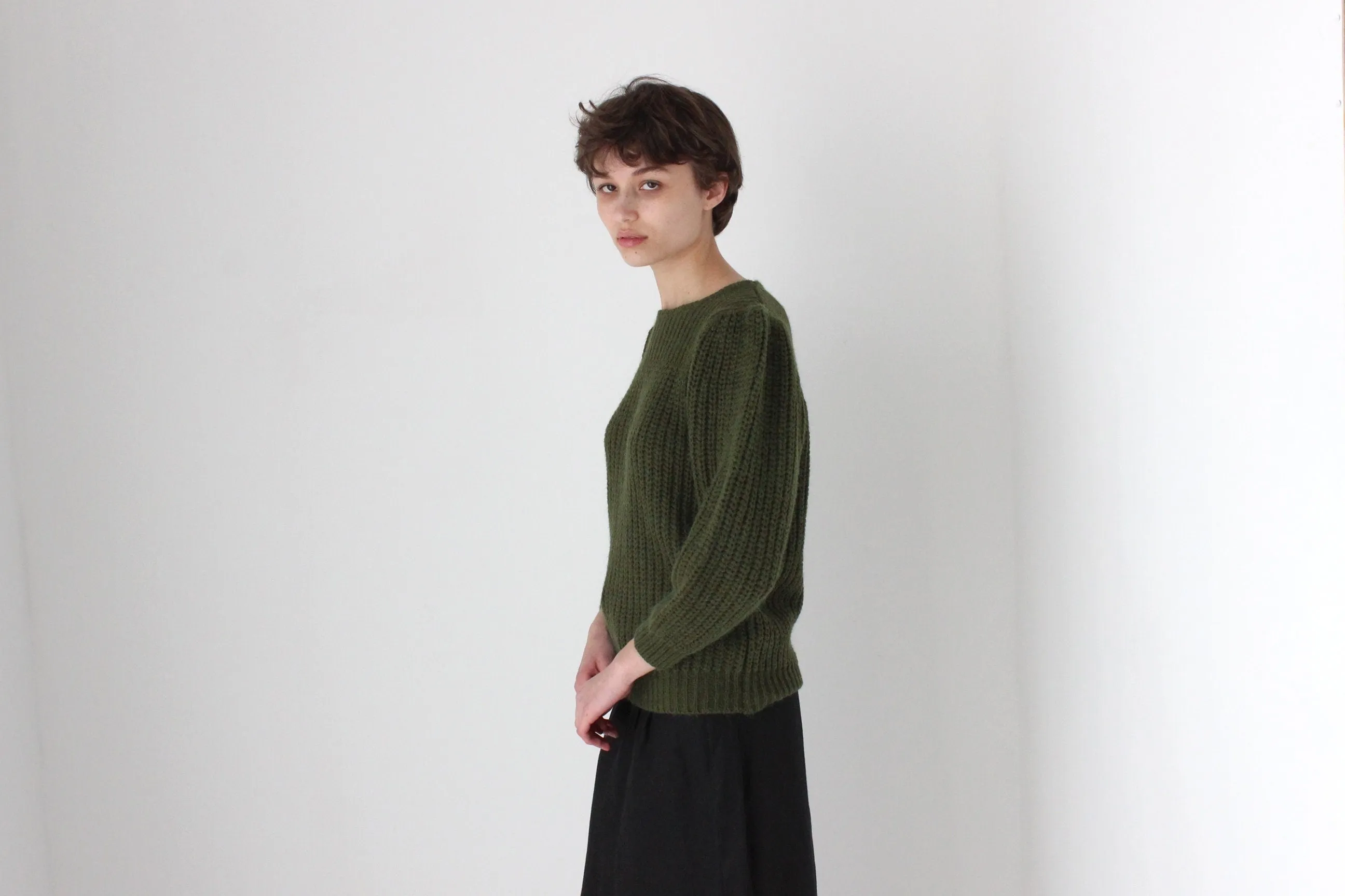 Soft 80s Puff Shoulder Knit Sweater in Khaki