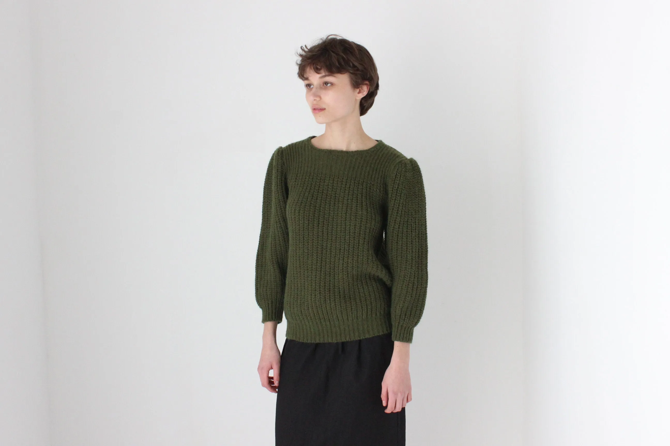 Soft 80s Puff Shoulder Knit Sweater in Khaki
