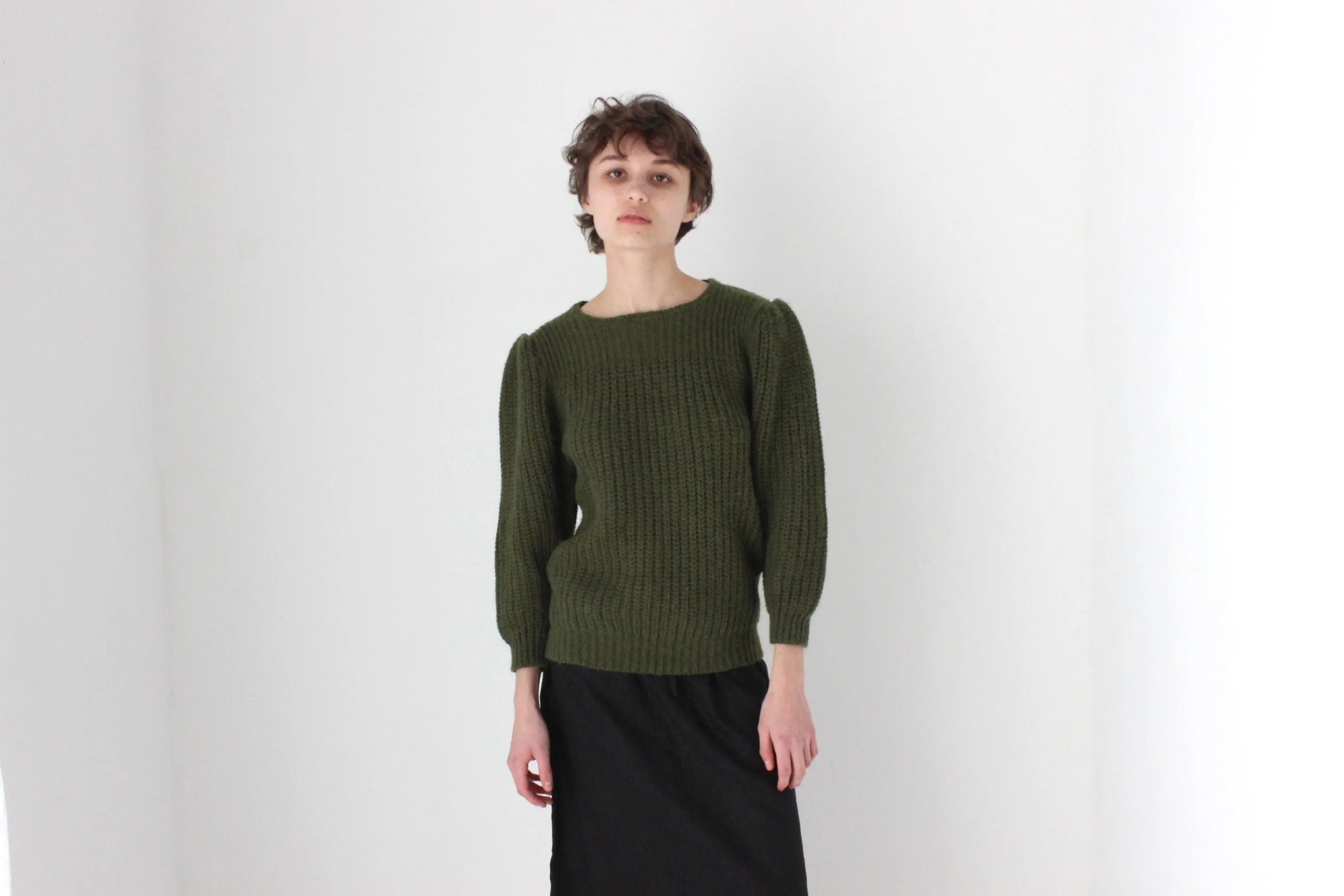 Soft 80s Puff Shoulder Knit Sweater in Khaki