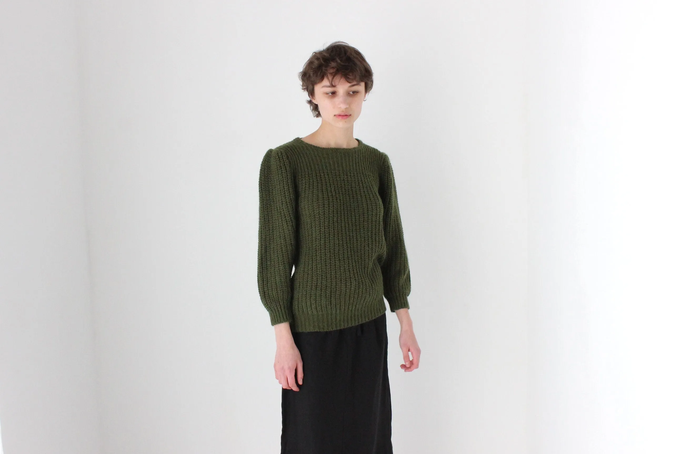 Soft 80s Puff Shoulder Knit Sweater in Khaki