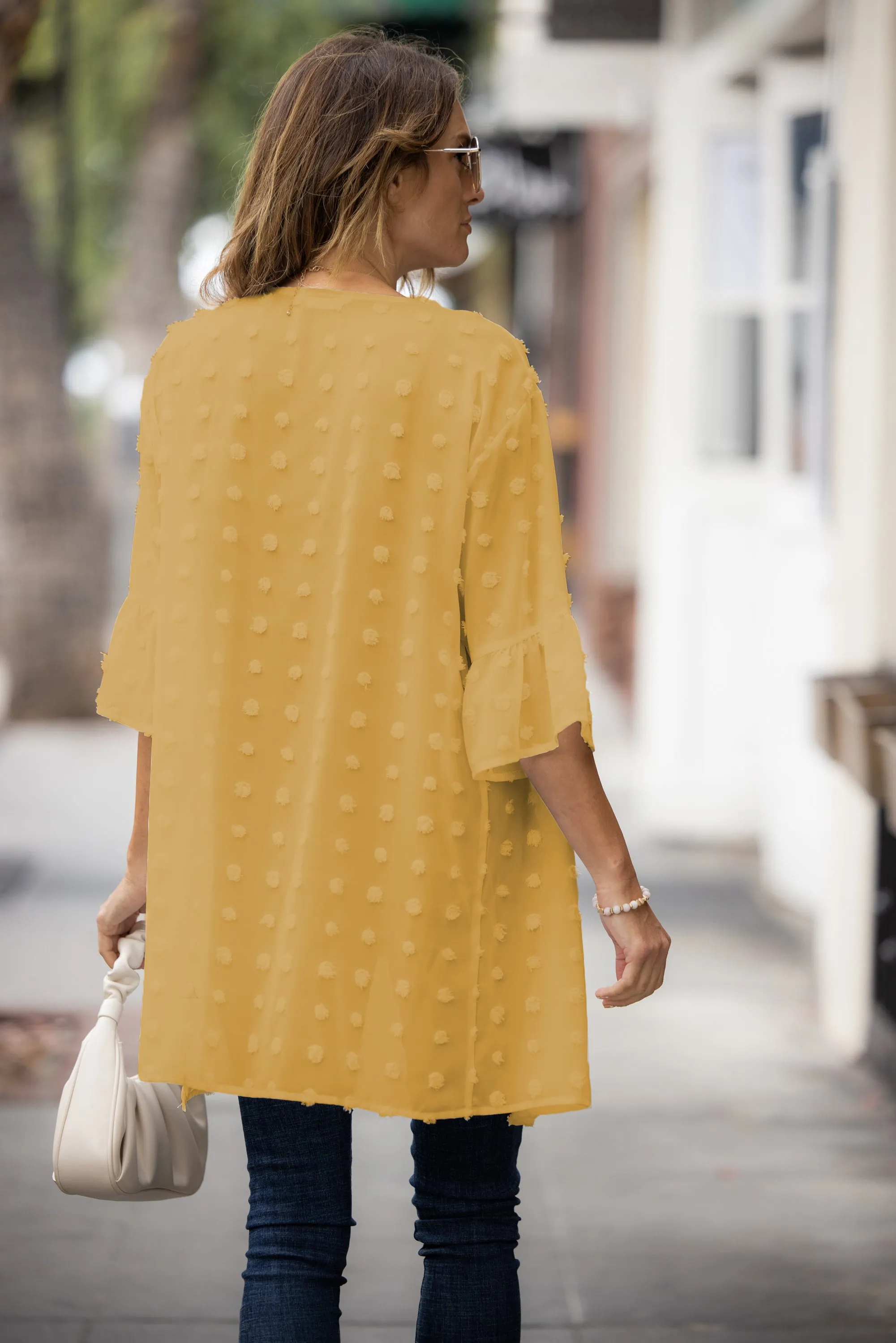 Swiss Dot Ruffle Midi Sleeve Flowy Cardigan