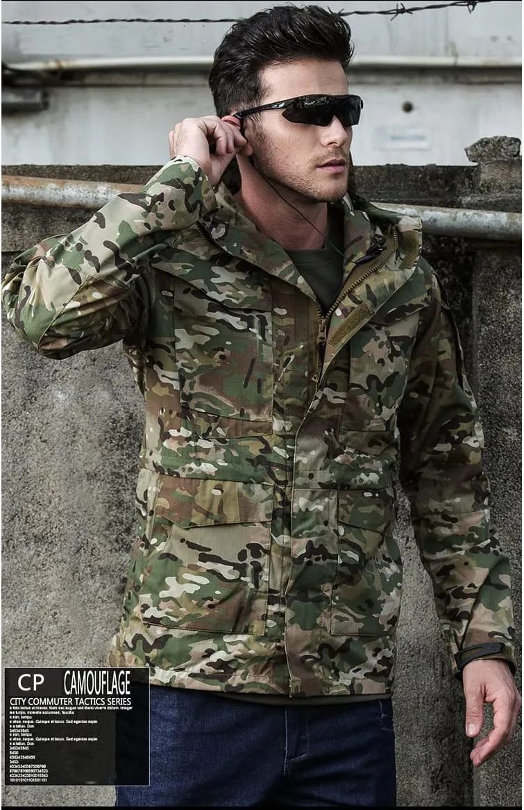 Tactical Jacket Men's Waterproof Windbreaker Jacket Men's Hooded Jacket Outdoor Fishing/Hiking Jacket(CP,S)