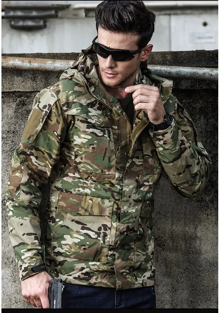 Tactical Jacket Men's Waterproof Windbreaker Jacket Men's Hooded Jacket Outdoor Fishing/Hiking Jacket(CP,S)