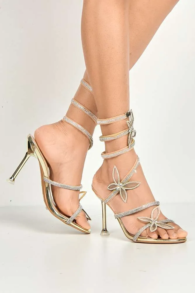 Toki Butterfly Detail Diamante Heeled Sandals in Gold