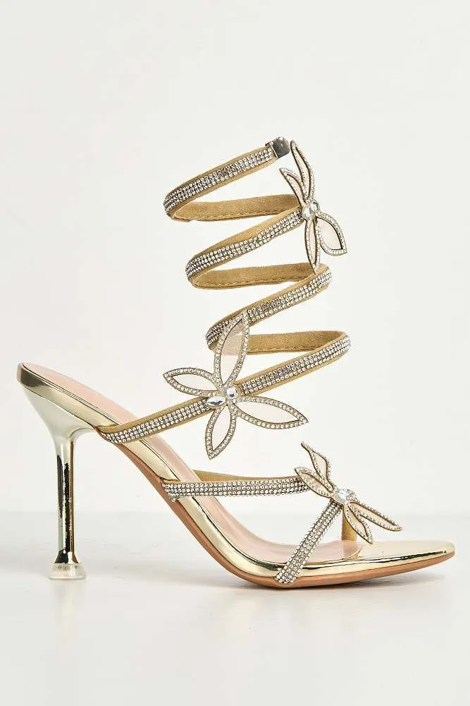 Toki Butterfly Detail Diamante Heeled Sandals in Gold