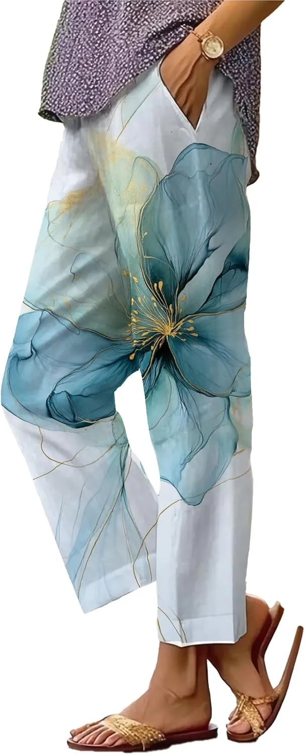 Trendy Pants for Women 2025 Yoga Pants Lightweight Elastic Waist Breathable Casual Beach Trousers with Pocket