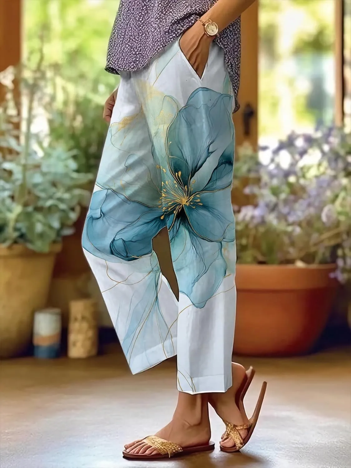 Trendy Pants for Women 2025 Yoga Pants Lightweight Elastic Waist Breathable Casual Beach Trousers with Pocket