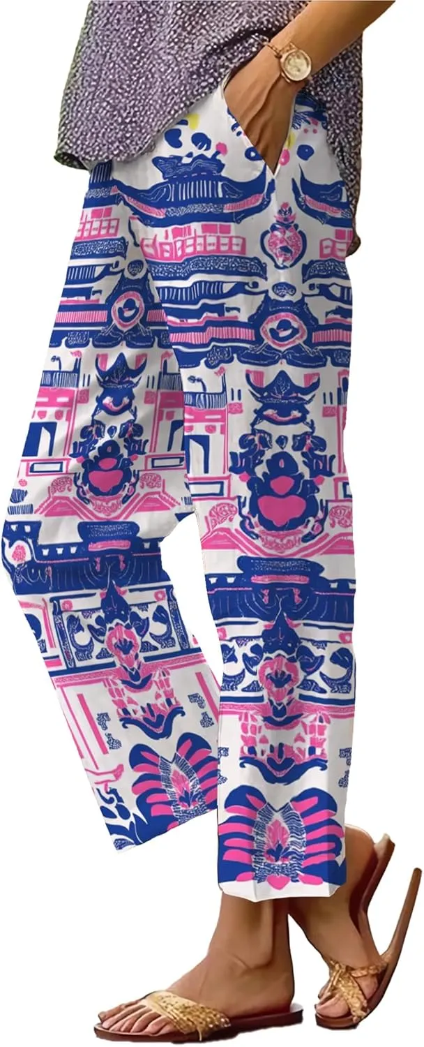 Trendy Pants for Women 2025 Yoga Pants Lightweight Elastic Waist Breathable Casual Beach Trousers with Pocket