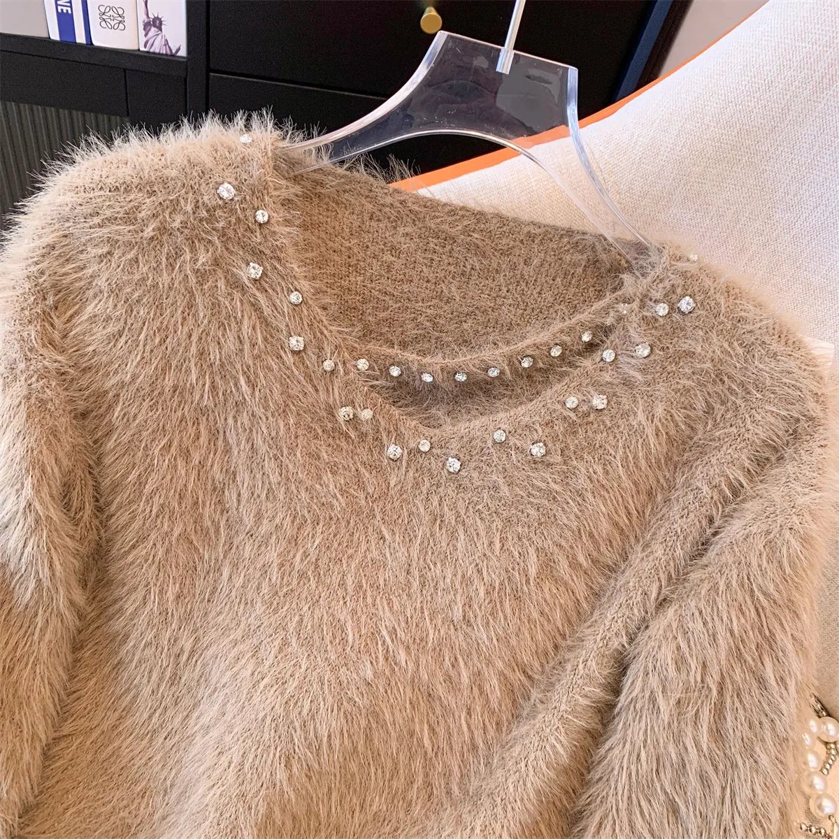 V-neck Rhinestone Studded Soft Sweater