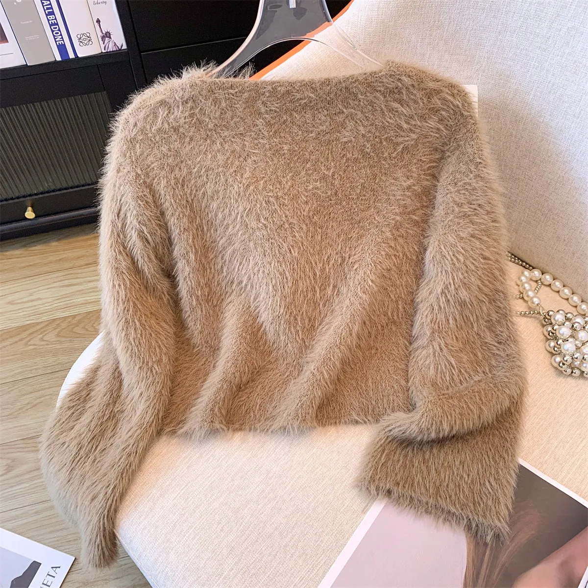 V-neck Rhinestone Studded Soft Sweater