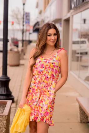 Watercolor Ruffle Accented Tank Dress
