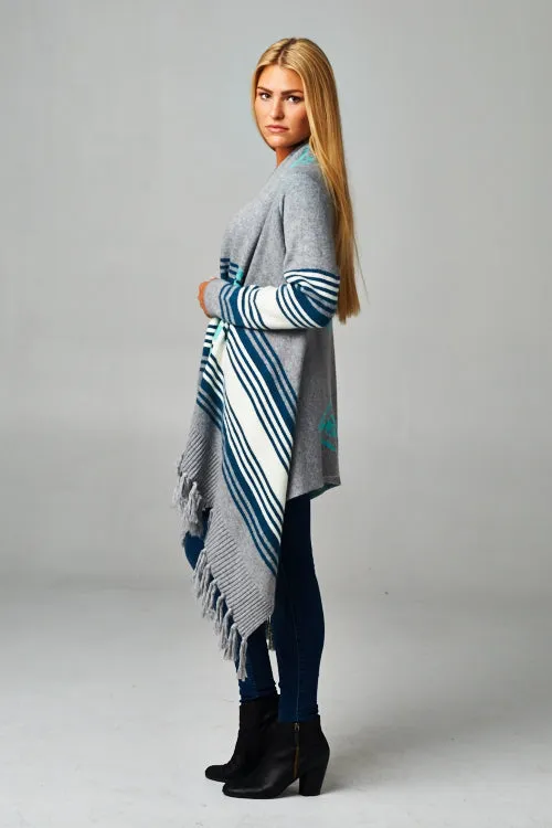Western Striped Fringe Hem Cardigan