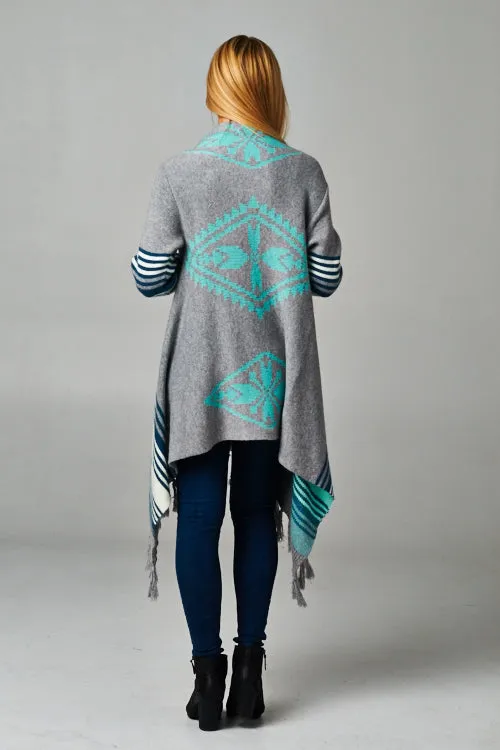 Western Striped Fringe Hem Cardigan
