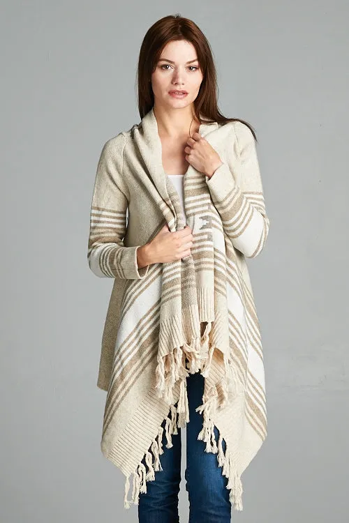 Western Striped Fringe Hem Cardigan