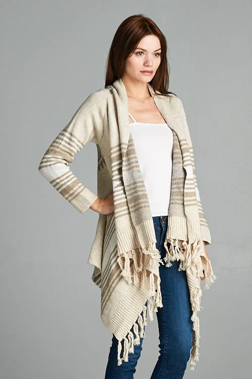 Western Striped Fringe Hem Cardigan