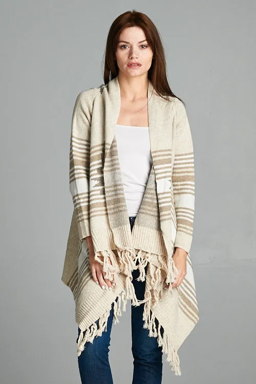 Western Striped Fringe Hem Cardigan