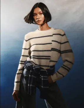 White   Warren Broken Stripe Cashmere Crewneck - Natural/Black