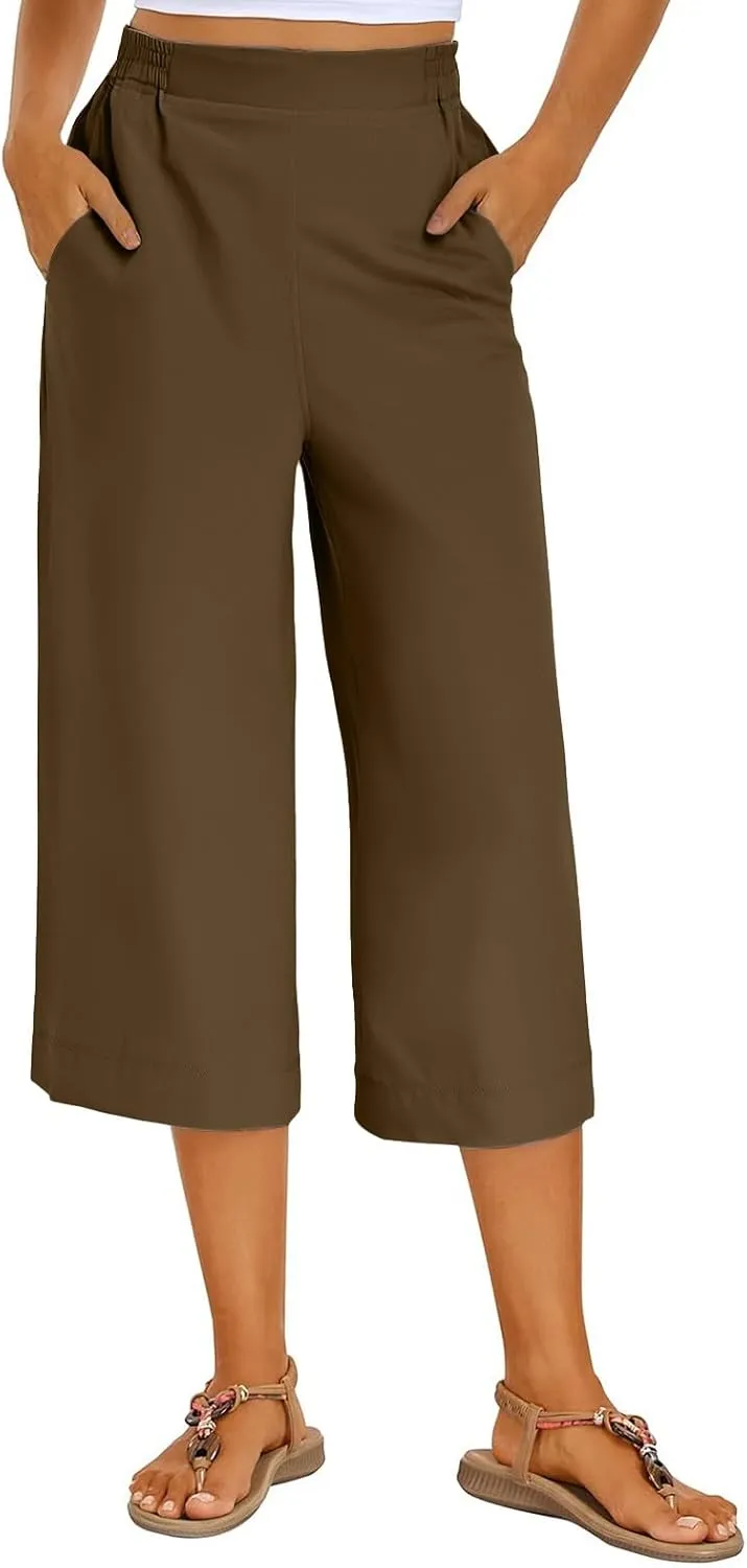 Wide Leg Capri Pants for Women Summer Drawstring Elastic Waist Pants Trendy Split Hem Cropped Trousers with Pockets