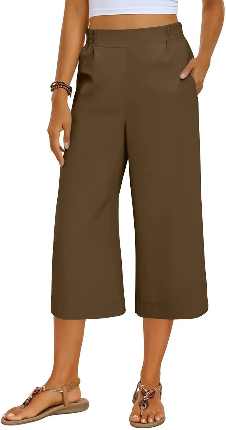 Wide Leg Capri Pants for Women Summer Drawstring Elastic Waist Pants Trendy Split Hem Cropped Trousers with Pockets