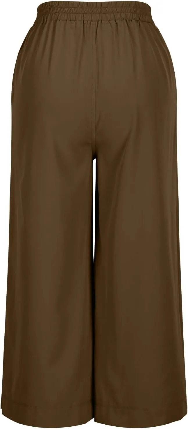 Wide Leg Capri Pants for Women Summer Drawstring Elastic Waist Pants Trendy Split Hem Cropped Trousers with Pockets