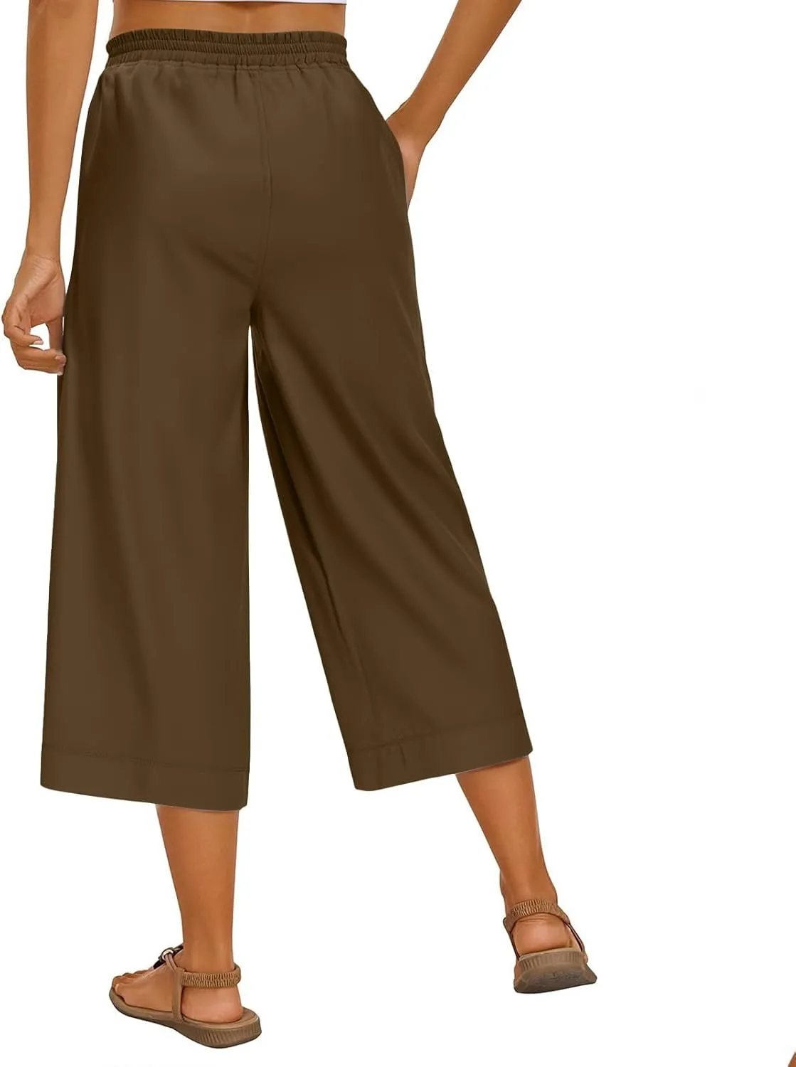 Wide Leg Capri Pants for Women Summer Drawstring Elastic Waist Pants Trendy Split Hem Cropped Trousers with Pockets