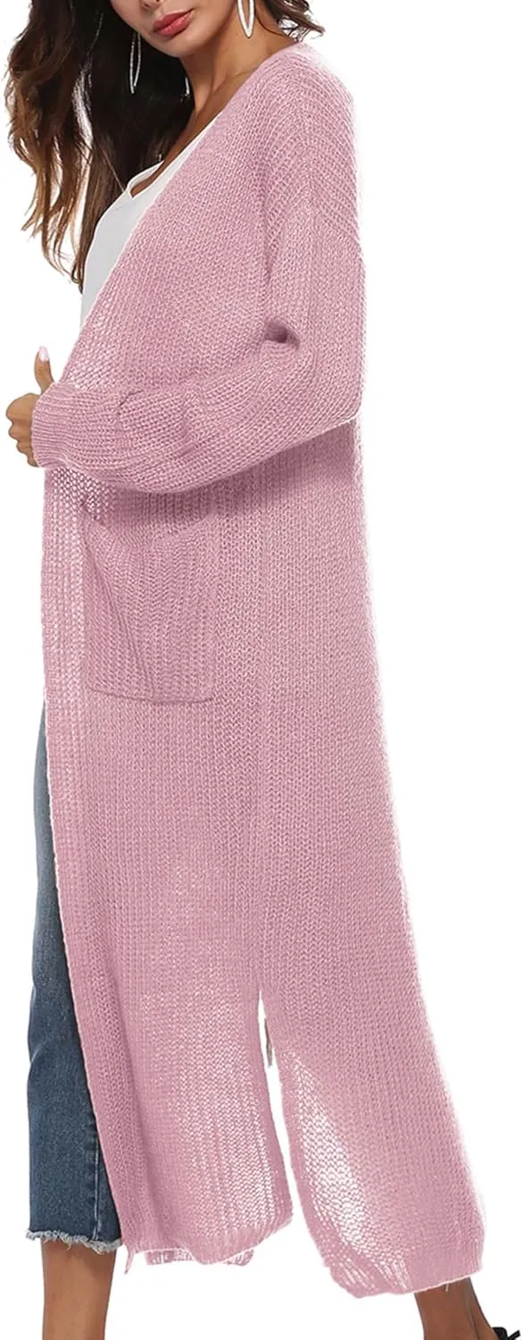 Womens Casual Long Sleeve Split Open Cardigan Knit Long Cardigan Sweaters with Pockets Fall Fashion 2024
